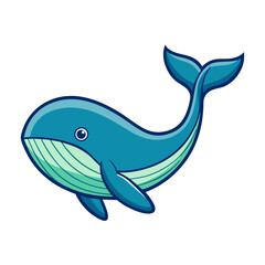 Cartoon Whale with Blue Body Vector Illustration, A cute vector illustration of a cartoon whale with a blue body, smiling face, and flowing tail, perfect for ocean or animal themes.
