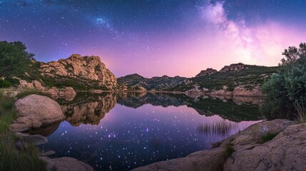 Ripples on a mirror calm lac de Codole in the Balagne region of Corsica at dawn with a pink and purple star filled sky