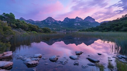 Ripples on a mirror calm lac de Codole in the Balagne region of Corsica at dawn with a pink and purple star filled sky