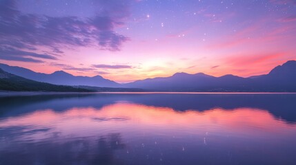 Fototapeta premium Ripples on a mirror calm lac de Codole in the Balagne region of Corsica at dawn with a pink and purple star filled sky