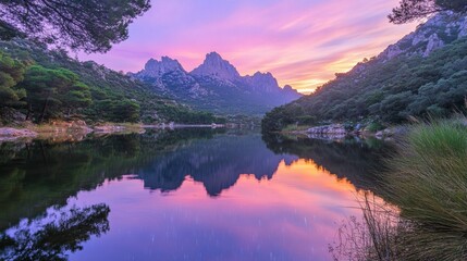 Ripples on a mirror calm lac de Codole in the Balagne region of Corsica at dawn with a pink and purple star filled sky
