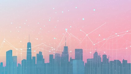 Abstract cityscape skyline with data overlay,  digital future