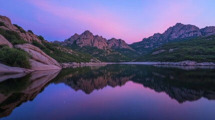 Ripples on a mirror calm lac de Codole in the Balagne region of Corsica at dawn with a pink and purple star filled sky