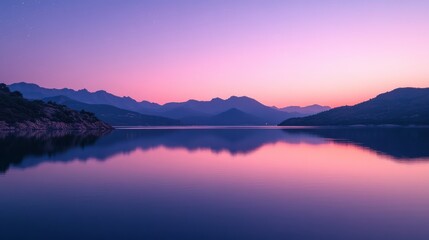 Fototapeta premium Ripples on a mirror calm lac de Codole in the Balagne region of Corsica at dawn with a pink and purple star filled sky
