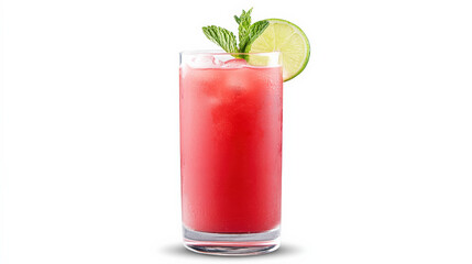 Fototapeta premium Refreshing pink watermelon juice served in tall glass with ice, garnished with mint leaves and lime slice, perfect for hot day