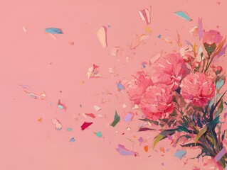 A soft pink background featuring a beautiful bouquet of carnations surrounded by colorful confetti, creating a festive and cheerful atmosphere, perfect for celebrations, birthdays, and joyful themes.