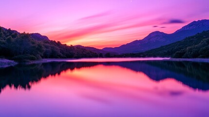 Fototapeta premium Ripples on a mirror calm lac de Codole in the Balagne region of Corsica at dawn with a pink and purple star filled sky