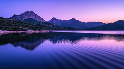 Ripples on a mirror calm lac de Codole in the Balagne region of Corsica at dawn with a pink and purple star filled sky
