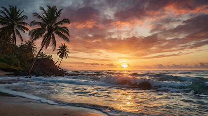 Sunset over the ocean with waves, sand, and a colorful sky at the beach