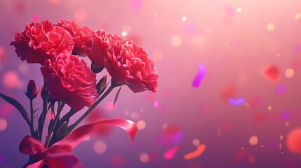 A soft pink background featuring a beautiful bouquet of carnations surrounded by colorful confetti, creating a festive and cheerful atmosphere, perfect for celebrations, birthdays, and joyful themes.