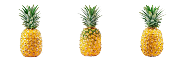 A Set of Fresh Ripe Pineapples with Natural Yellow Color and Green Leaves Isolated on Transparent Background