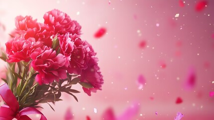 A soft pink background featuring a beautiful bouquet of carnations surrounded by colorful confetti, creating a festive and cheerful atmosphere, perfect for celebrations, birthdays, and joyful themes.