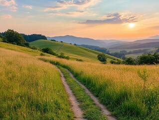 Fototapeta premium Serene Sunset Over Rolling Hills and Golden Meadow with a Winding Path Leading to Distant Mountains in a Peaceful Landscape