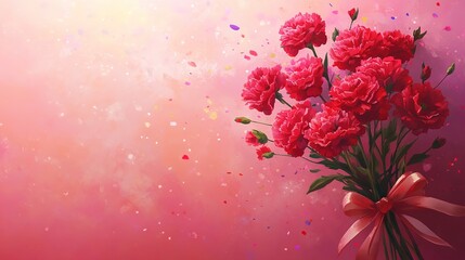 A soft pink background featuring a beautiful bouquet of carnations surrounded by colorful confetti, creating a festive and cheerful atmosphere, perfect for celebrations, birthdays, and joyful themes.