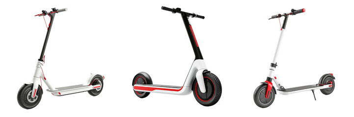 A Set of High-Detail White Electric Scooters with Red Trims Stunning Side Profile Ultra-Realistic Image Isolated on Transparent Background
