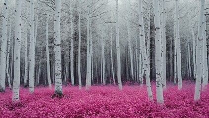 Winter wonderland forest, white birch trees, pink flowers, misty forest background.  Possible use wallpaper, desktop background