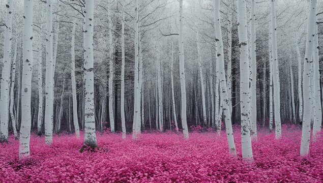 Winter wonderland forest, white birch trees, pink flowers, misty forest background.  Possible use wallpaper, desktop background