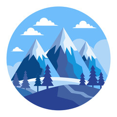 Mountain Landscape with Snow and Trees Vector Illustration, A serene vector illustration of snowy mountains, pine trees, and a calm blue lake under a clear sky, perfect for nature themes.
