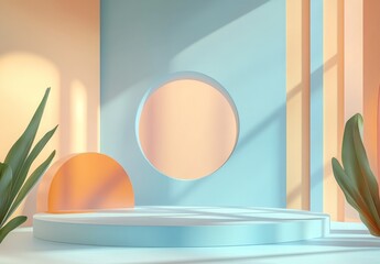 Fototapeta premium Pastel studio display platform, sunlight, plants, mockup