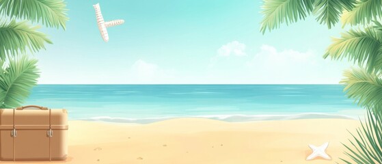 Obraz premium A beach scene with a suitcase and a bird flying in the background