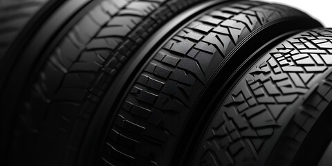 Black background with three black tires arranged in a row. The tire tread pattern on the side of