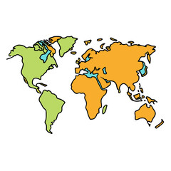 Hand-drawn vector world map with green and orange, A hand-drawn style vector world map featuring green and orange continents with blue oceans and simplified outlines.
