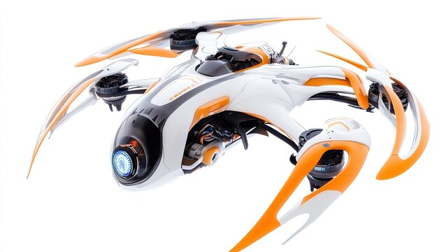 Futuristic drone hovering against white background
