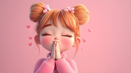 Digital art playful girl blowing a kiss in a pink environment