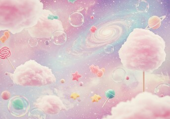 Whimsical candyland in outer space with cotton candy clouds and galaxy background