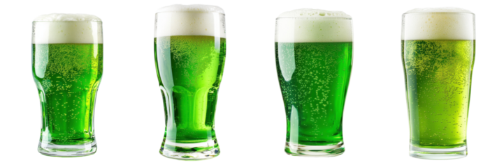 A Set of Festive Green Beer Pints with Bubbles and Foam Isolated on Transparent Background
