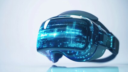VR headset displaying futuristic city data, studio shot