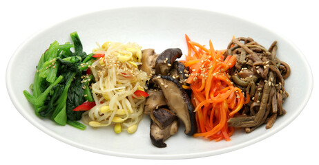 Bibimbap vegetables, Assorted Korean Namul Side Dishes on a White Plate