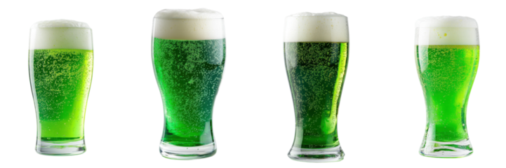 A Set of Cold Green Beer Glasses with Frothy Foam Isolated on Transparent Background