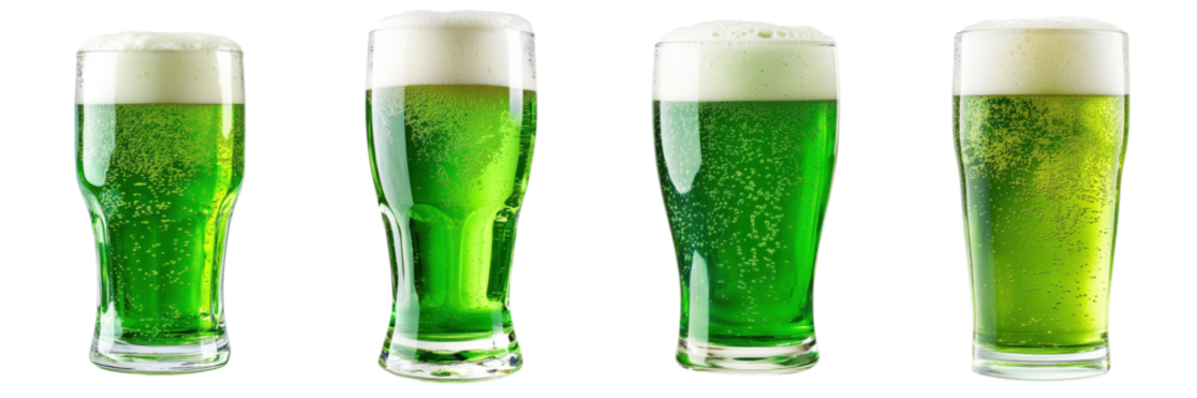 A Set of Festive Green Beer Pints with Bubbles and Foam Isolated on Transparent Background - Powered by Adobe