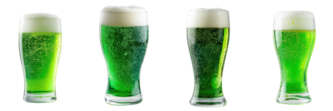 A Set of Cold Green Beer Glasses with Frothy Foam Isolated on Transparent Background