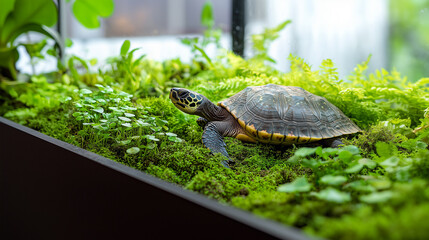 Fototapeta premium Exotic turtle habitat filled with vibrant greenery and foliage