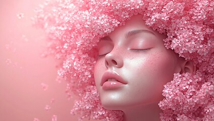 Naklejka premium Surreal digital art featuring a serene female face adorned with pink flowers, ideal for wellness, beauty, and Mother's Day campaigns.