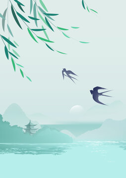 Chinese style vertical illustration design ink landscape willows and swallows