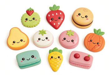 Cute fruit & cookie bath toys on white background