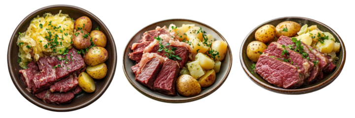 A Set of Traditional Irish Cabbage and Corned Beef Meals for St. Patrick's Day Isolated on Transparent Background