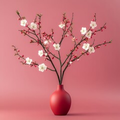 Elegant cherry blossom arrangement in red vase on pink background