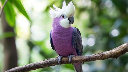 Obraz premium Soft focus portrait of an exotic Purple and white Tropical Bird perched on a tree branch