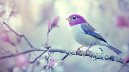 Soft focus portrait of an exotic Purple and white Tropical Bird perched on a tree branch