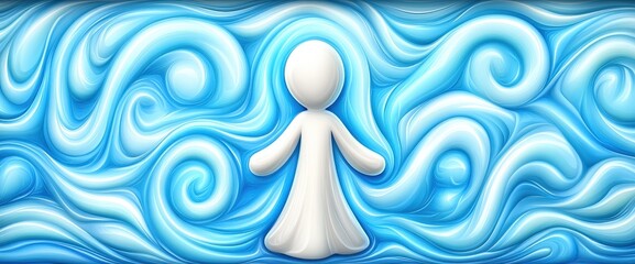 Obraz premium Serene Minimalist Art Piece Featuring a Simple Figure Surrounded by Flowing Abstract Blue Swirls