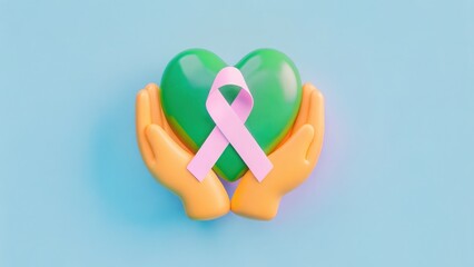 Fototapeta premium cancer awareness healing concep.t Colorful hands hold a green heart with a pink ribbon against a blue background.