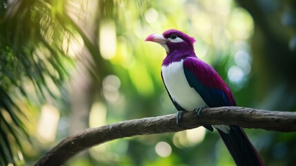 Fototapeta premium Soft focus portrait of an exotic Purple and white Tropical Bird perched on a tree branch