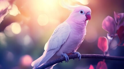 Soft focus portrait of an exotic Purple and white Tropical Bird perched on a tree branch