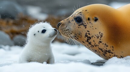 Two seals nuzzle in the snow. AI.