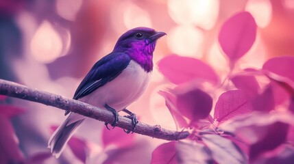 Obraz premium Soft focus portrait of an exotic Purple and white Tropical Bird perched on a tree branch