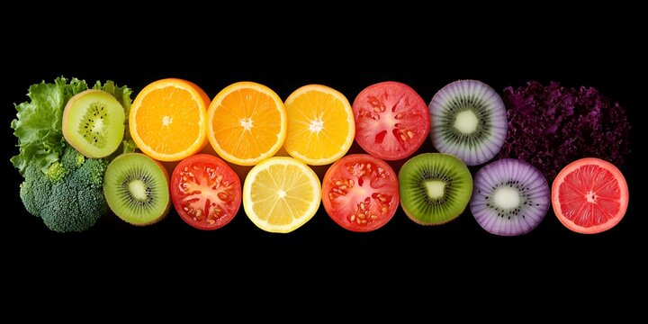 Colorful fruits and vegetables arranged in rainbow color order, including oranges, kiwi slices, red onio